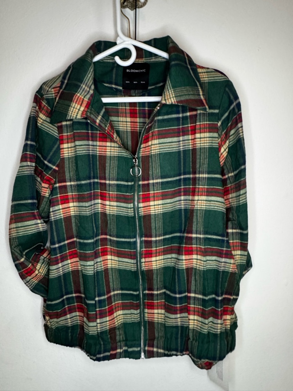BloomChic NWT Plaid Flannel Bomber Jacket | Forest Green Zip Front Size 10 XL